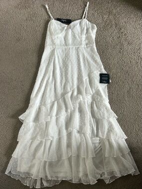Lulus White Swiss Dot Ruffle-Trim Midi Slip Dress